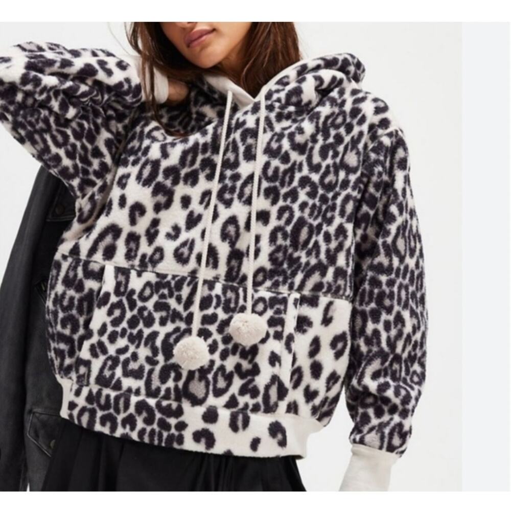 Free People With Love Snow Leopard Fleece Hoodie Small Animal Print Cozy